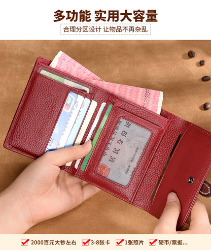 Genuine Leather Women's Wallet Short Cowhide Trifold Buckle Handmade Cowhide Wallet Zipper Coin Purse Wallet