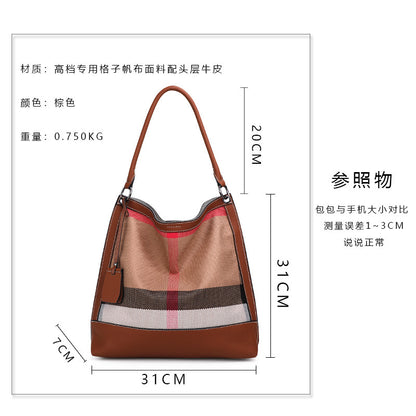 Women's bag Plaid cowhide canvas trend fashion bucket bag tote bag commuting Shoulder bag that goes with anything. Pochette