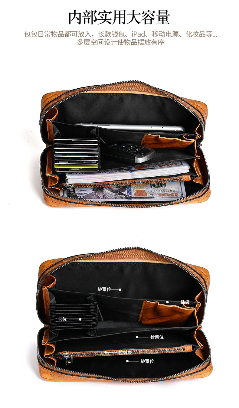 Men's Wallet Cowhide Genuine Leather Clutch Bag Mobile Phone Bag Retro Casual Men's Handbag 