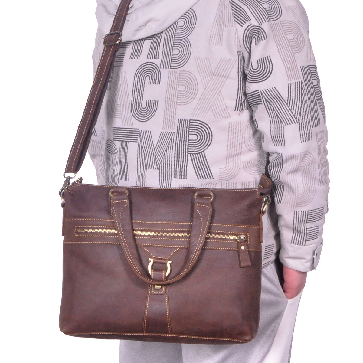 Men's Briefcase Crossbody Bag Cowhide Genuine Leather Retro Men's Shoulder Bag Handbag 