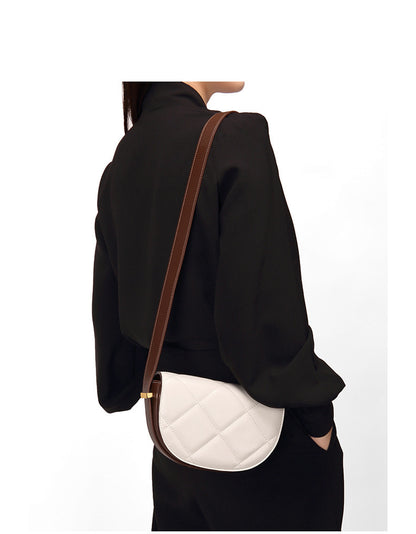 Cowhide women bag luxury plaid crossbody bag saddle bag genuine leather semicircle broadband shoulder bag.Pochette