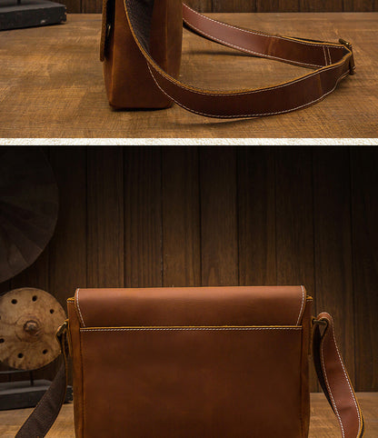 Men's Messenger Bag Handcrafted Genuine Cowhide Leather Shoulder Bag Simple Fashion Unique Crossbody Bag 
