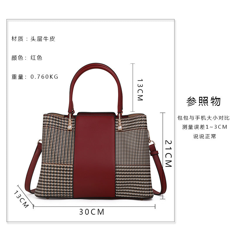 Ladies bag genuine leather handbag atmospheric fashion houndstooth splice shoulder bag temperament elegant handbag.bag