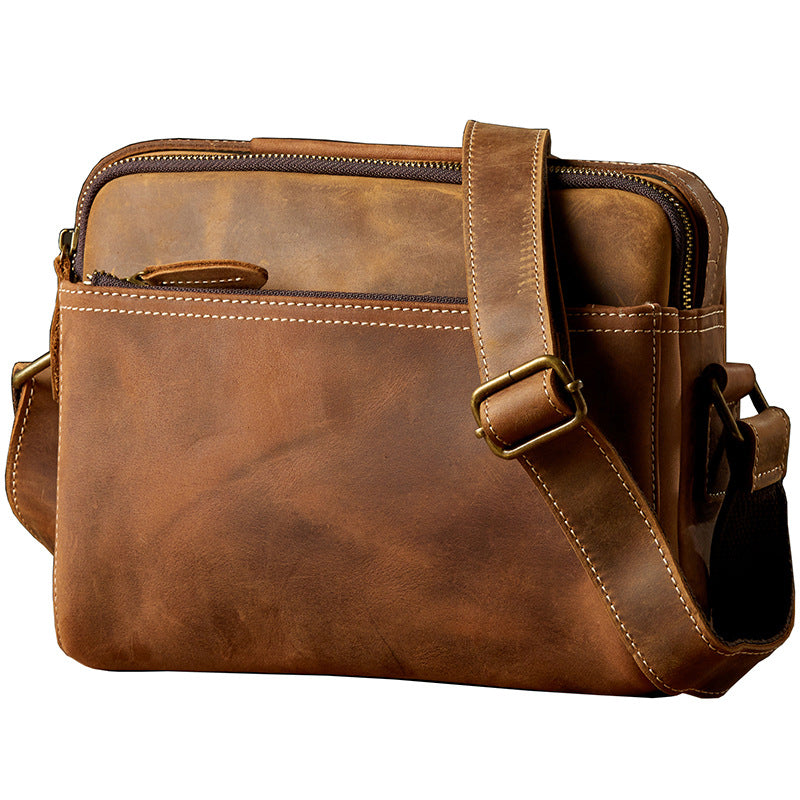 Men's Shoulder Bag Handmade Cow Leather Casual Simple Retro Zipper Crossbody Bag 