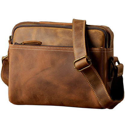 Men's Shoulder Bag Handmade Cow Leather Casual Simple Retro Zipper Crossbody Bag 