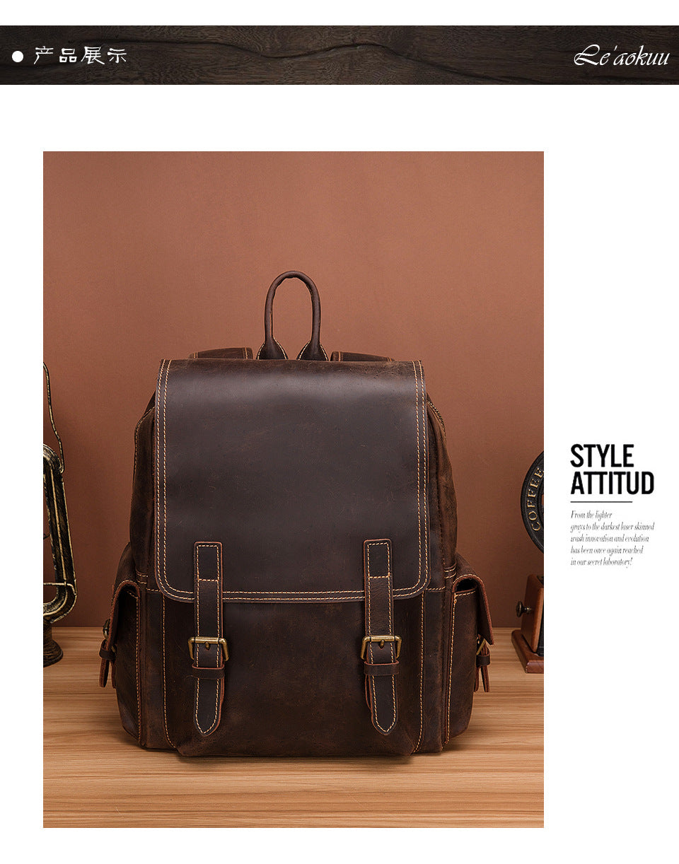 Men's Rucksack Genuine Cowhide Leather Retro Large Capacity Computer Bag for Men 