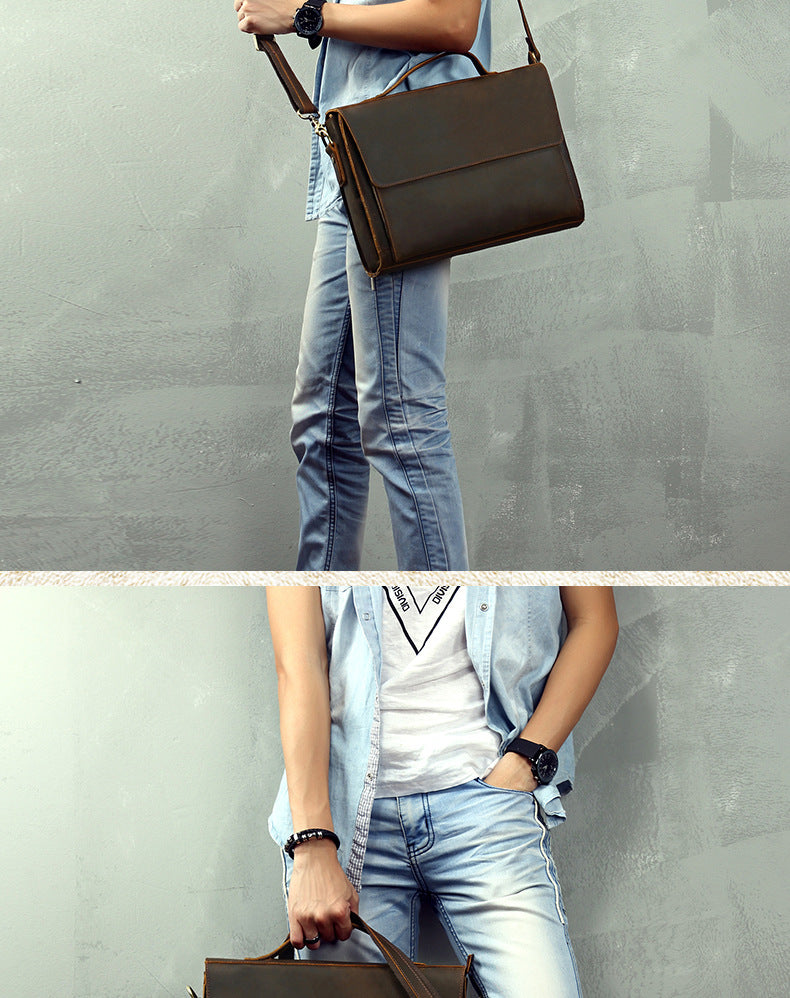 Men's Handbag Briefcase Handmade Cowhide Genuine Leather Retro Simple Messenger Bag Business Casual Men's Shoulder Bag Crossbody Bag 