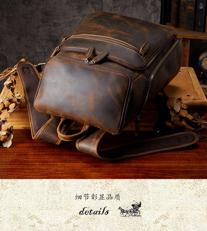 Men's backpack, handmade, genuine cowhide leather, retro outdoor men's travel bag, computer bag 