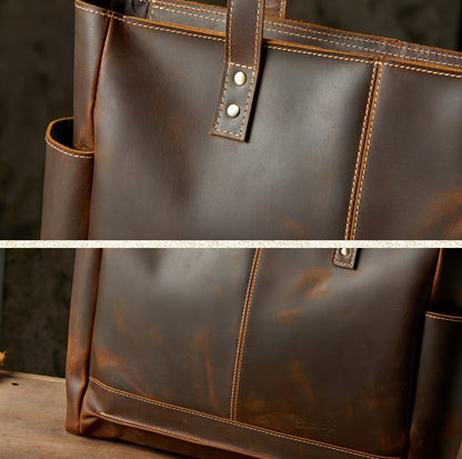 Men's tote bag, handmade, genuine cowhide leather, unisex handbag, casual school commuting shoulder bag 