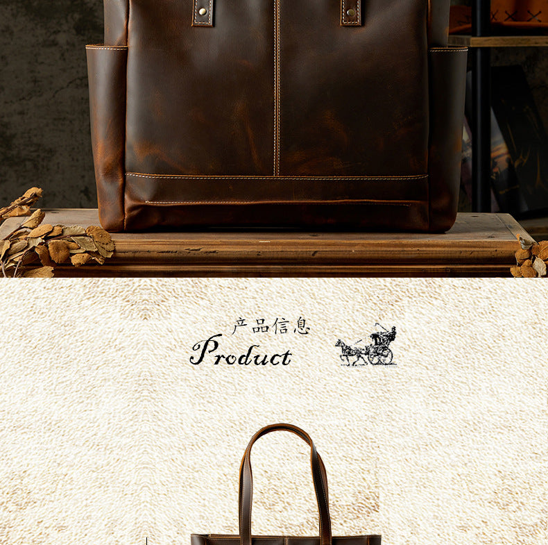 Men's tote bag, handmade, genuine cowhide leather, unisex handbag, casual school commuting shoulder bag 
