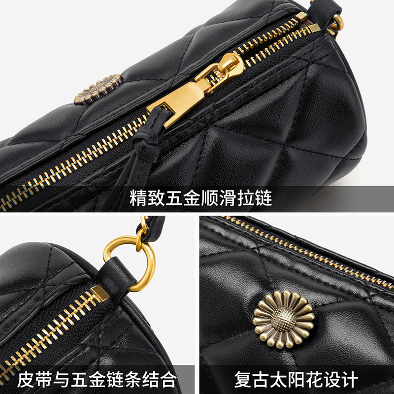 Women's genuine leather plaid cylindrical bag Crossbody bag Mini fashion chain bag Shoulder bag that goes with anything. Pochette