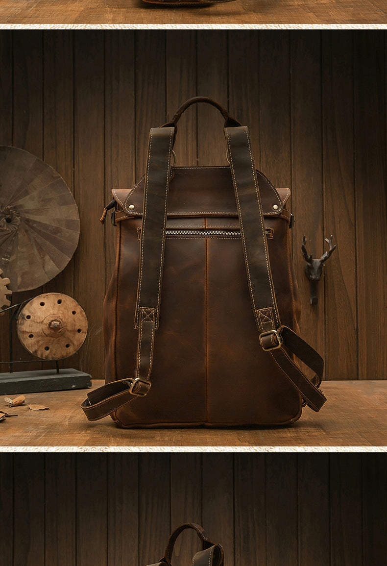 Men's Rucksack Genuine Cowhide Leather Handmade Korean Fashion Unique Travel Computer Bag for Men 