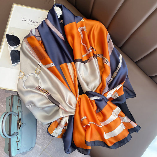 Scarf striped pattern sunscreen simulation silk fashion color beach trend printed pattern scarf