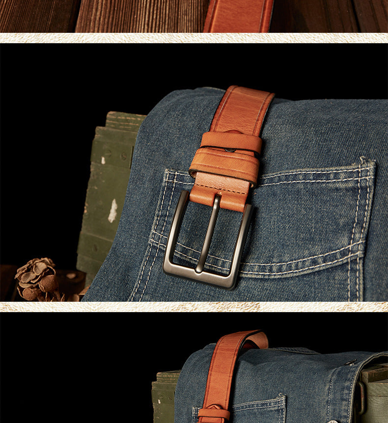 Men's Belt Handmade Cowhide Genuine Leather Retro Simple Casual Fashion Stainless Steel Needle Buckle Men's Belt 