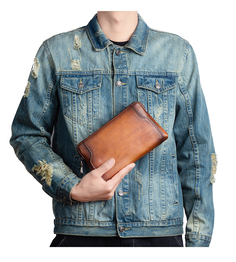 Men's Clutch Bag Genuine Cowhide Leather Retro Casual Men's Bag 