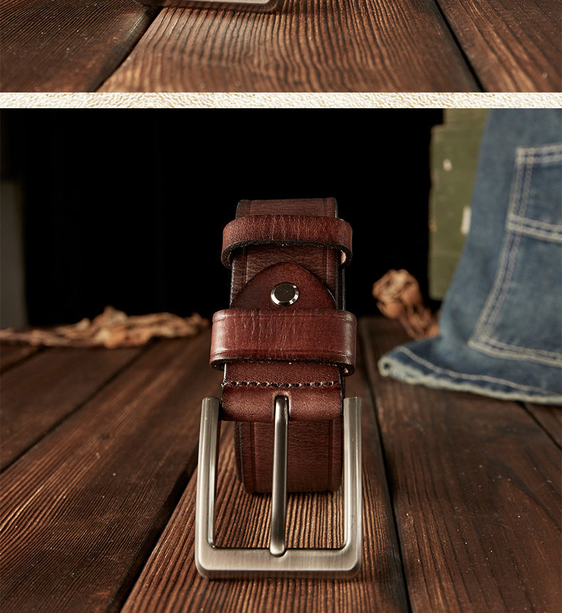 Men's Belt Handmade Cowhide Genuine Leather Retro Simple Casual Fashion Stainless Steel Needle Buckle Men's Belt 
