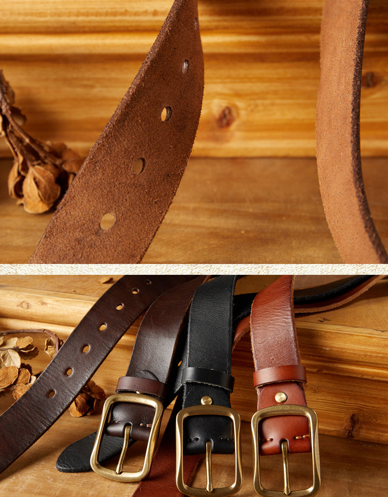Men's Belt Handmade Vintage Copper Needle Buckle Cowhide Genuine Leather Casual Men's Belt 
