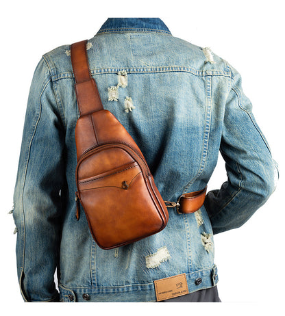Men's bust bag genuine cowhide leather retro casual crossbody bag for men 