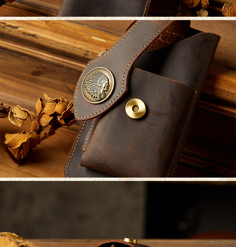 Men's Waist Pouch Mobile Phone Bag Keychain Handmade Cowhide Crazy Horse Belt Bag Mobile Phone Leather Cover Mini Bags for Men 