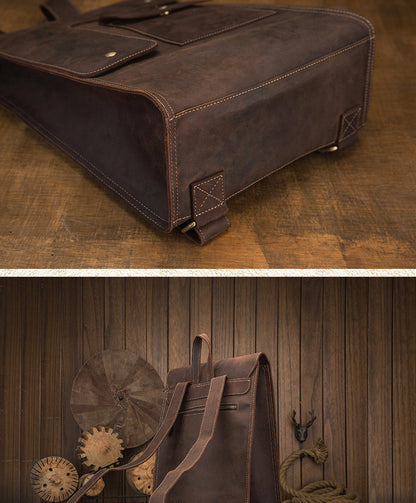 Men's Rucksack Cowhide Genuine Leather Handmade Unique Fashion Casual Travel Bag Computer Bag 