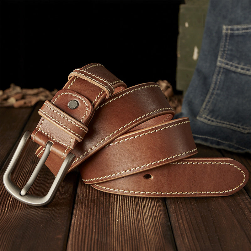 Men's Belt Handmade Genuine Cowhide Leather Needle Buckle Casual Vintage Simple Men's Belt 