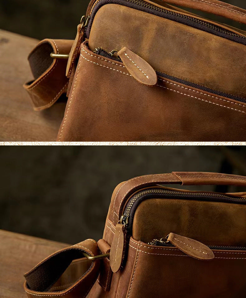 Men's Shoulder Bag Handmade Cow Leather Casual Simple Retro Zipper Crossbody Bag 