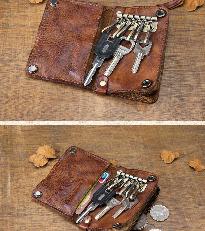 Men's wallet, genuine cowhide leather, key chain, coin purse, zipper, multi-function, large capacity, card bag for men 