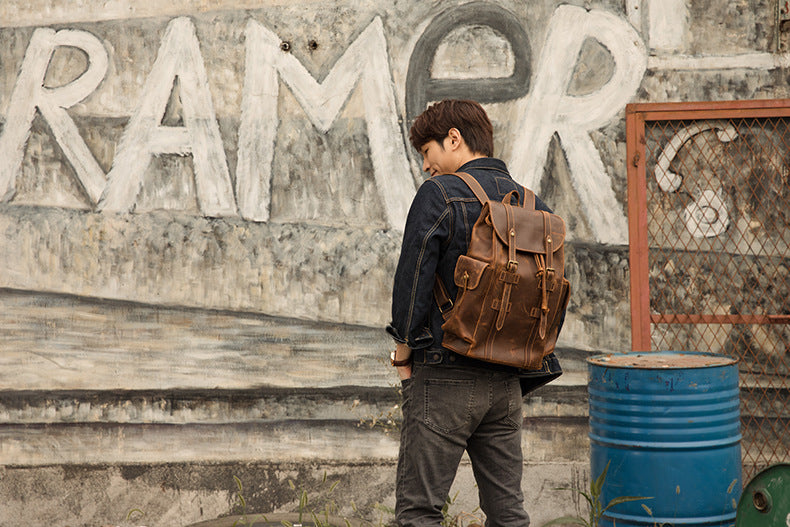 Men's Backpack, Original Handcrafted, Genuine Cowhide Leather, Retro Casual, Unisex, Travel Bag, Computer Bag