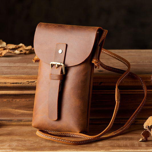 Men's Shoulder Bag Handcrafted Genuine Cowhide Leather Smartphone Pouch Retro Casual Crossbody Bag for Men 