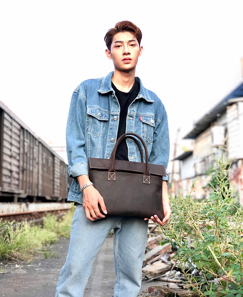Men's handbag handbag handmade Korean fashion genuine cowhide leather casual business briefcase thin computer bag 