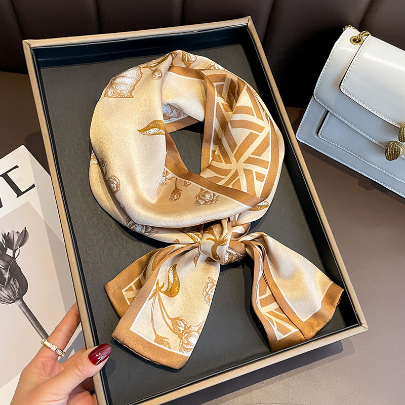 Silk Scarf Geometric Print Pattern Double Silk Ribbon Silk Scarf Women Neckerchief Double Sided 2 Colors