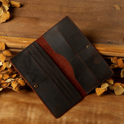 Men's long wallet, handmade, genuine cowhide leather, retro card holder, simple men's wallet handbag 