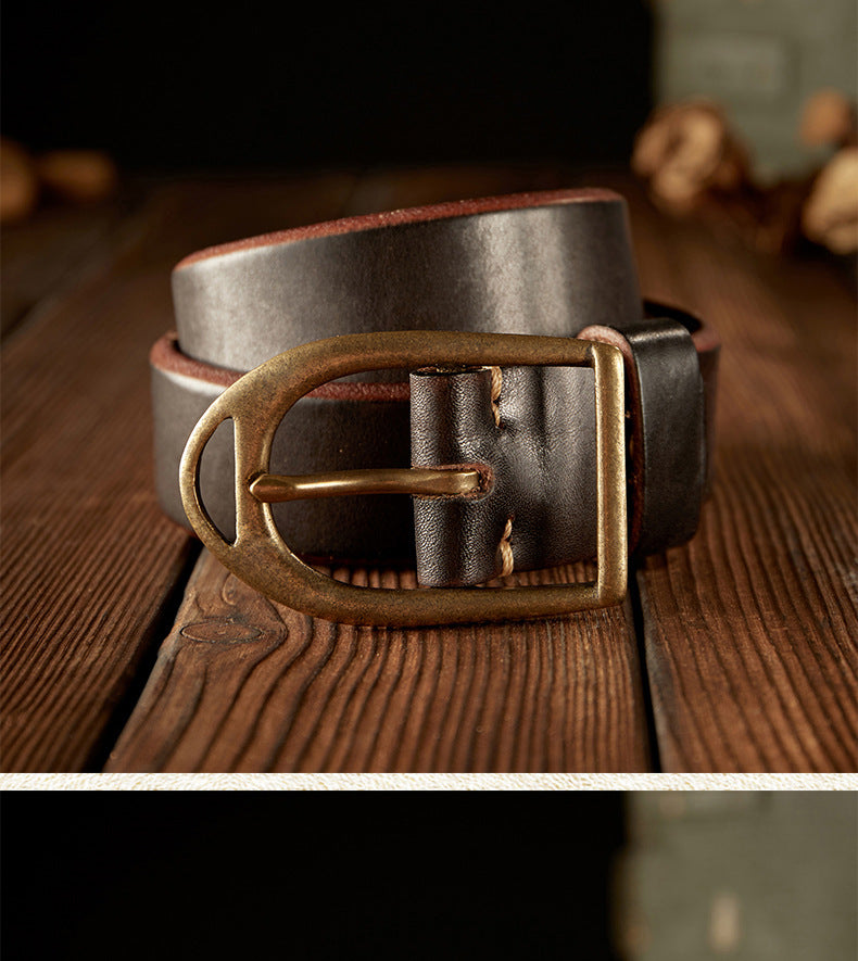 Men's Belt Handmade Genuine Cowhide Leather Unique Copper Needle Buckle Vintage Fashion Men's Belt