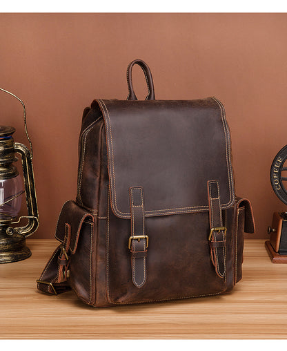 Men's Rucksack Genuine Cowhide Leather Retro Large Capacity Computer Bag for Men 