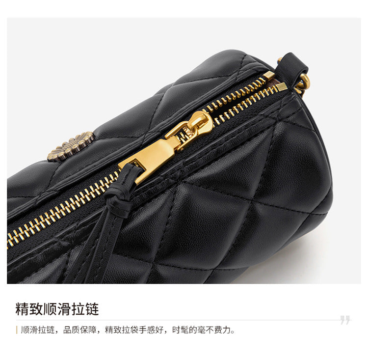 Women's genuine leather plaid cylindrical bag Crossbody bag Mini fashion chain bag Shoulder bag that goes with anything. Pochette