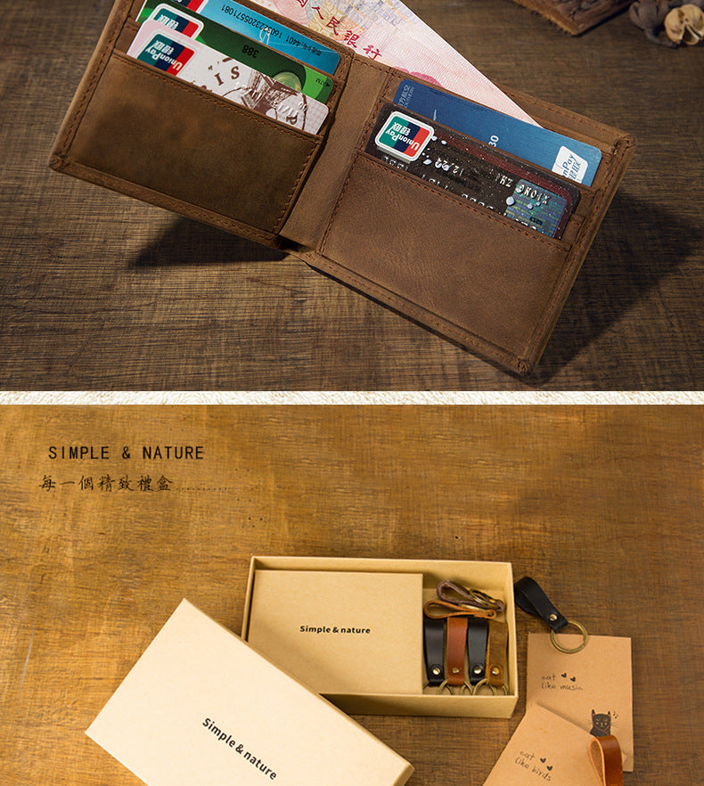 Men's short wallet made of genuine cowhide leather Crazy Horse Original casual simple thin Korean fashion unique wallet for men 