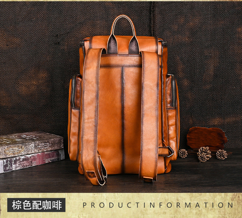 Men's backpack genuine cowhide leather retro unisex casual travel bag business bag 