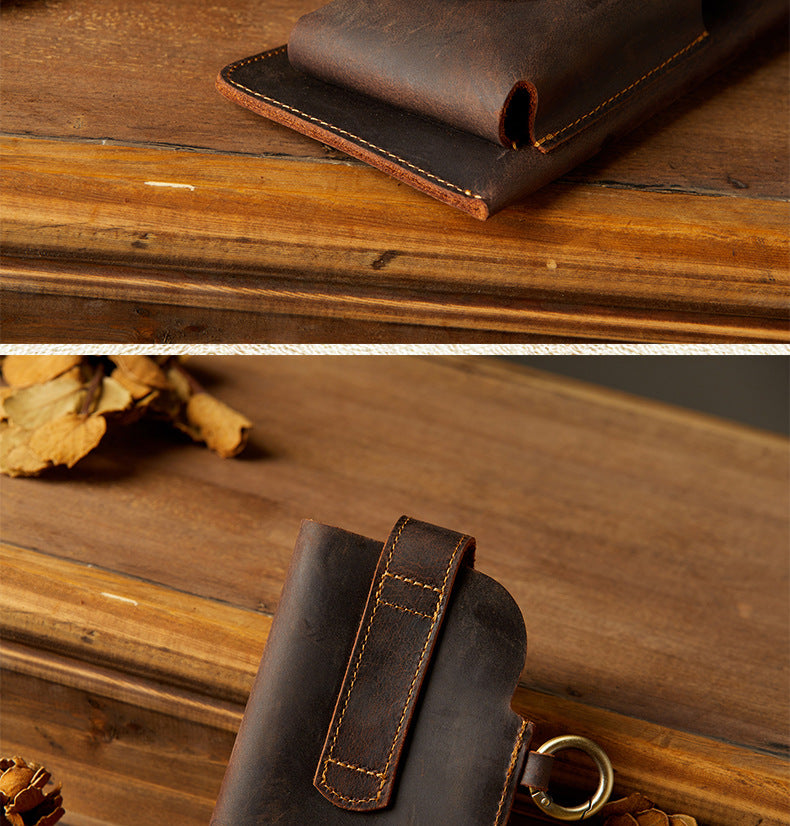 Men's Waist Pouch Mobile Phone Bag Keychain Handmade Cowhide Crazy Horse Belt Bag Mobile Phone Leather Cover Mini Bags for Men 