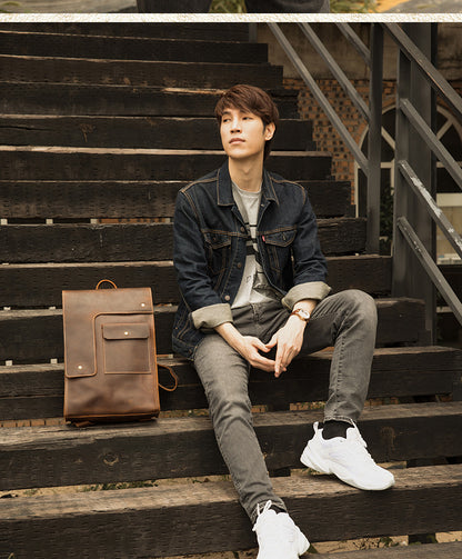 Men's Rucksack Cowhide Genuine Leather Handmade Unique Fashion Casual Travel Bag Computer Bag 