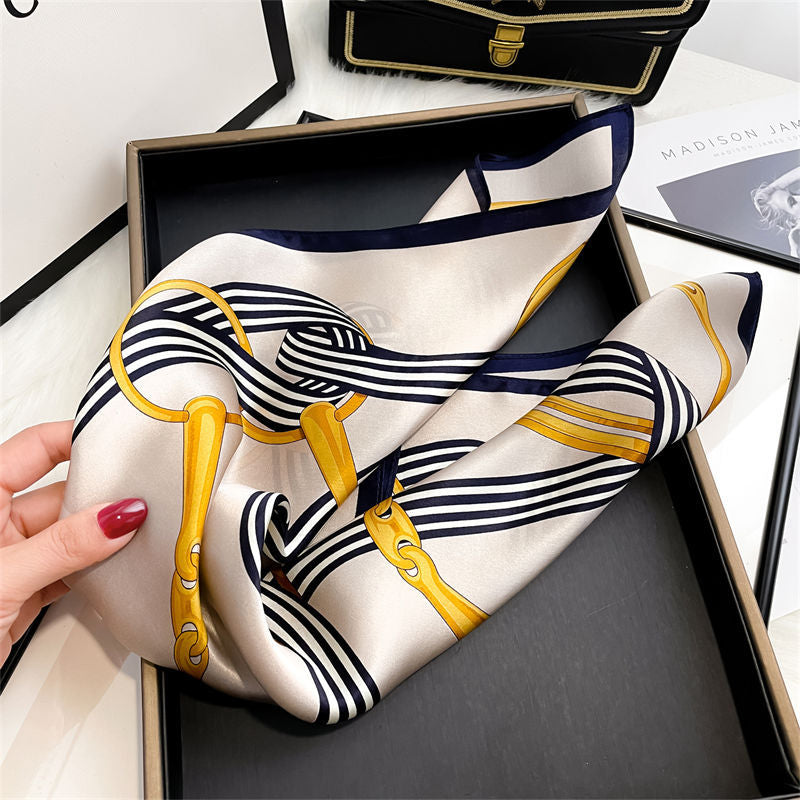 Silk Scarf Sheer Fashion Chain Print Pattern Silk Mini Scarf Women Neckerchief Temperament