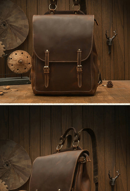 Men's Rucksack Genuine Cowhide Leather Handmade Korean Fashion Unique Travel Computer Bag for Men 