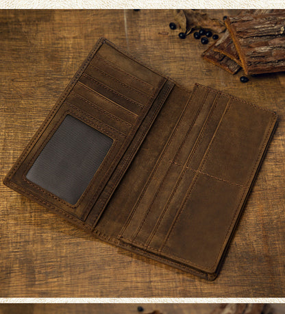 Men's long wallet, genuine cowhide leather, Crazy Horse, handmade, ultra-thin, bi-fold, card holder, simple, retro wallet for men 
