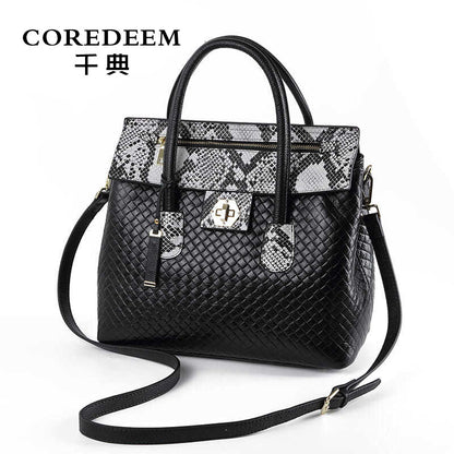 Ladies bag genuine leather fashion handbag large capacity python pattern splice shoulder bag temperament elegant handbag.bag