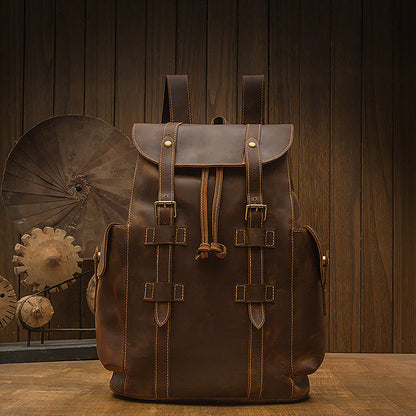 Men's Backpack, Original Handcrafted, Genuine Cowhide Leather, Retro Casual, Unisex, Travel Bag, Computer Bag