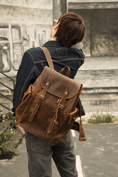 Men's Backpack, Original Handcrafted, Genuine Cowhide Leather, Retro Casual, Unisex, Travel Bag, Computer Bag