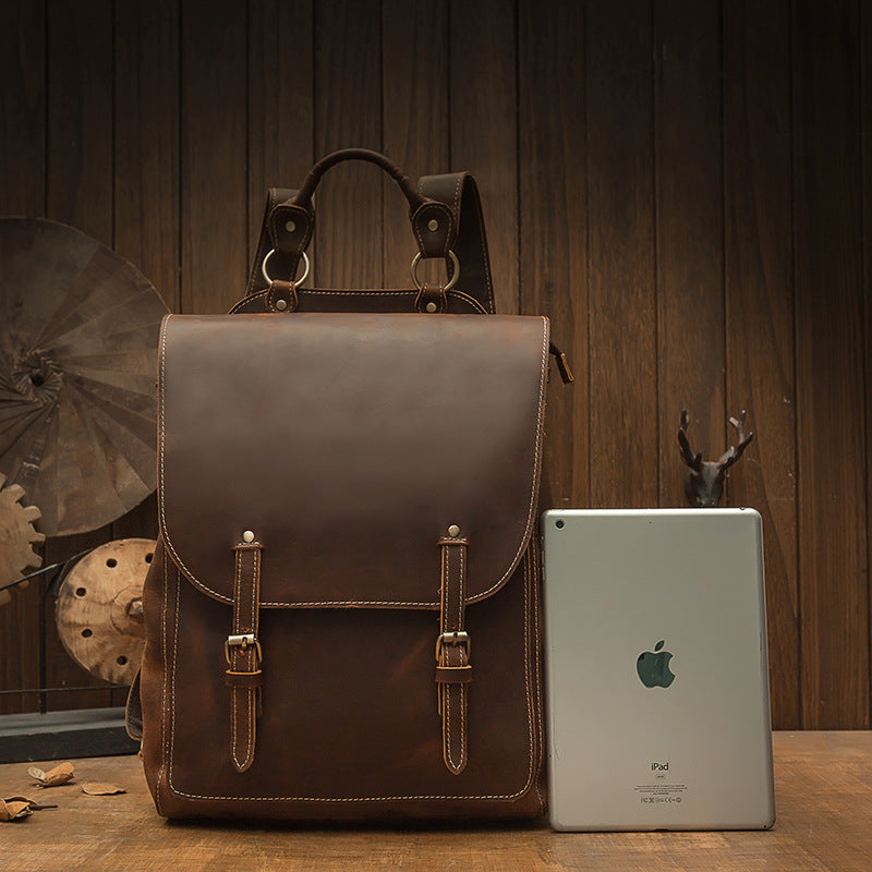 Men's Rucksack Genuine Cowhide Leather Handmade Korean Fashion Unique Travel Computer Bag for Men 