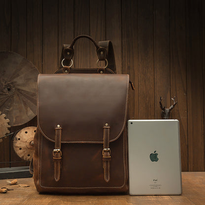 Men's Rucksack Genuine Cowhide Leather Handmade Korean Fashion Unique Travel Computer Bag for Men 