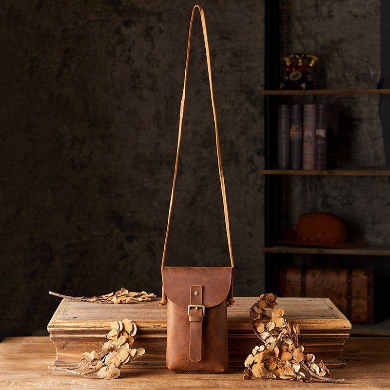 Men's Shoulder Bag Handcrafted Genuine Cowhide Leather Smartphone Pouch Retro Casual Crossbody Bag for Men 