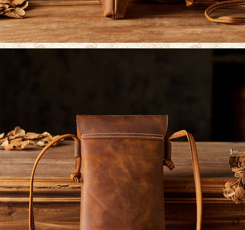 Men's Shoulder Bag Handcrafted Genuine Cowhide Leather Smartphone Pouch Retro Casual Crossbody Bag for Men 