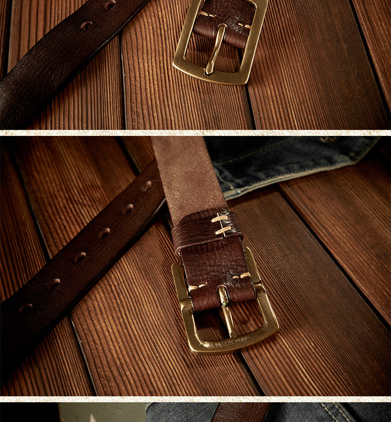 Men's Belt Original Handmade Retro Cowhide Genuine Leather Copper Needle Buckle Men's Belt